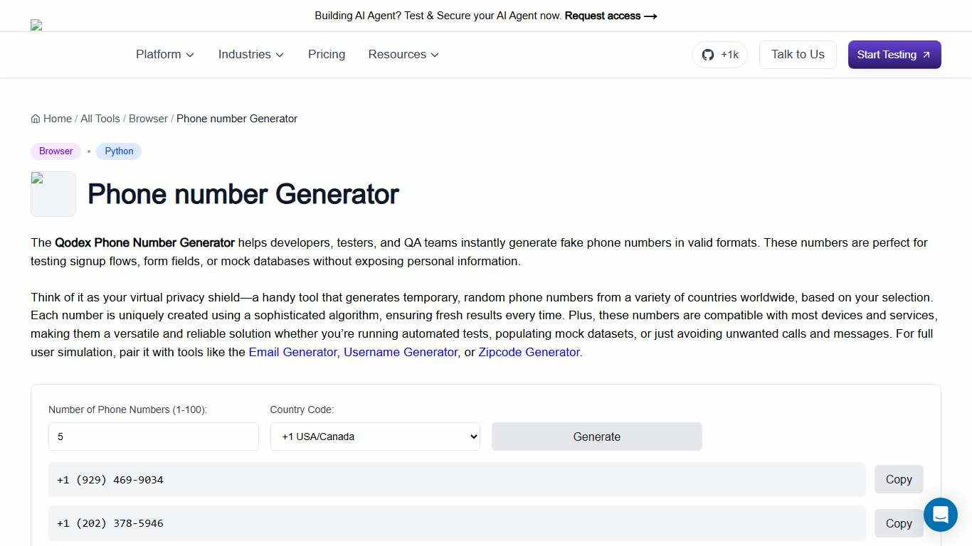 U.S. Phone Number Generator – Fake Numbers for Testing